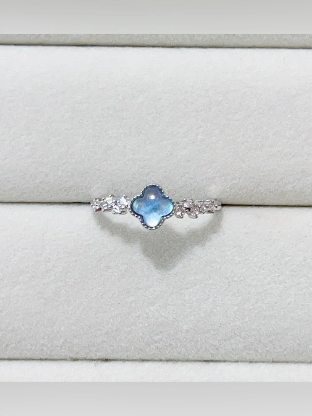 Natural Blue Aquamarine Four-Leaf Clover Ring Silver Plated Dainty Open Ring